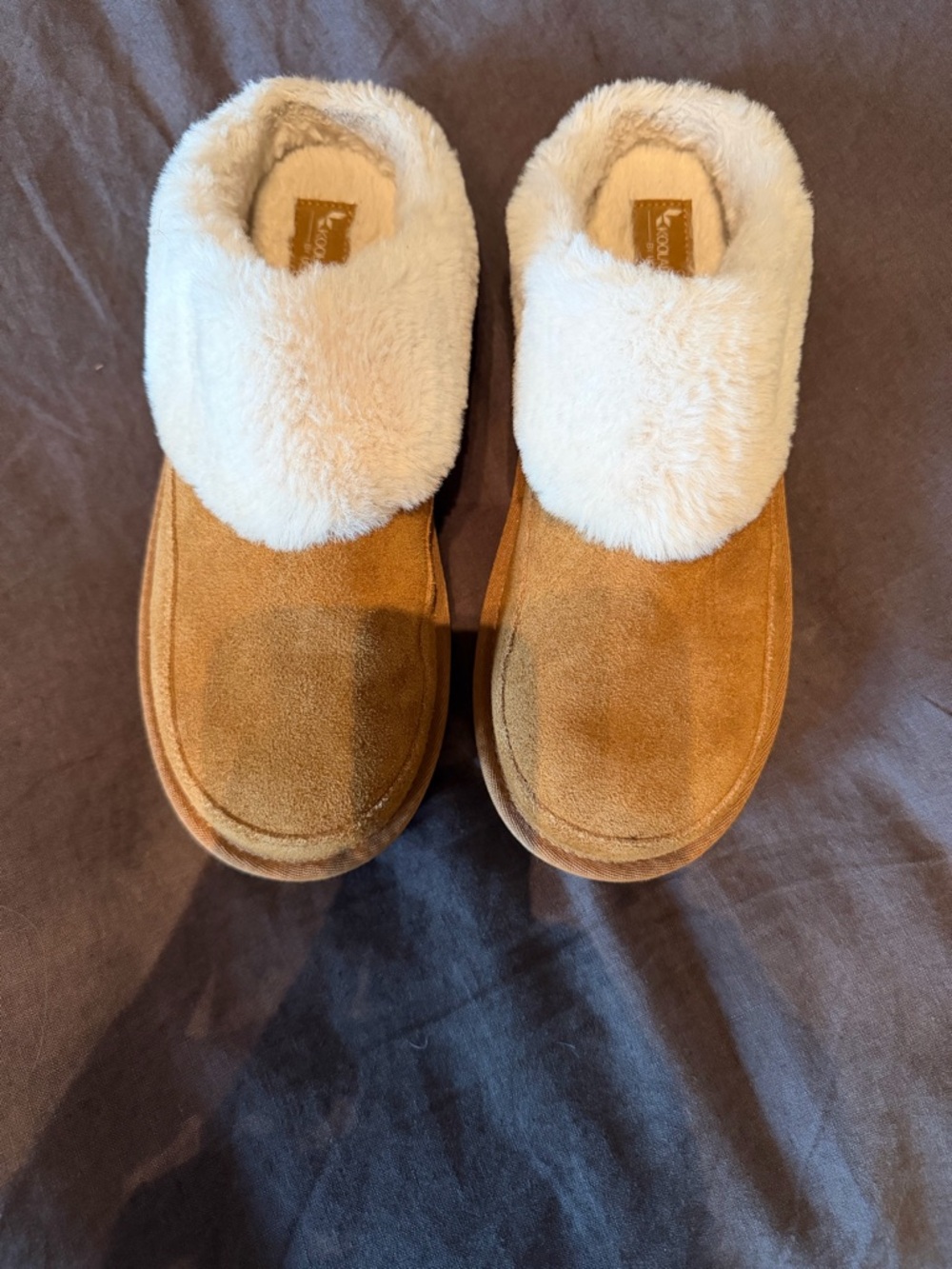 Koolaburra Tan Suede Slip-On Slippers with Cream Faux Fur Collar